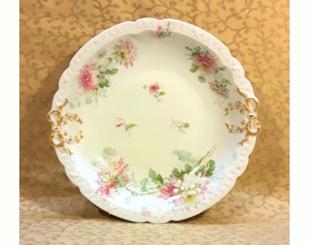 Antique GDA Limoges Bowl 9.5" Diameter Victorian Pink Roses Gold Bows Shabby Cottage Chic