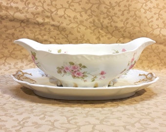 Antique GDA Limoges Gravy Boat and Underplate Set Pink Roses Victorian Shabby Cottage