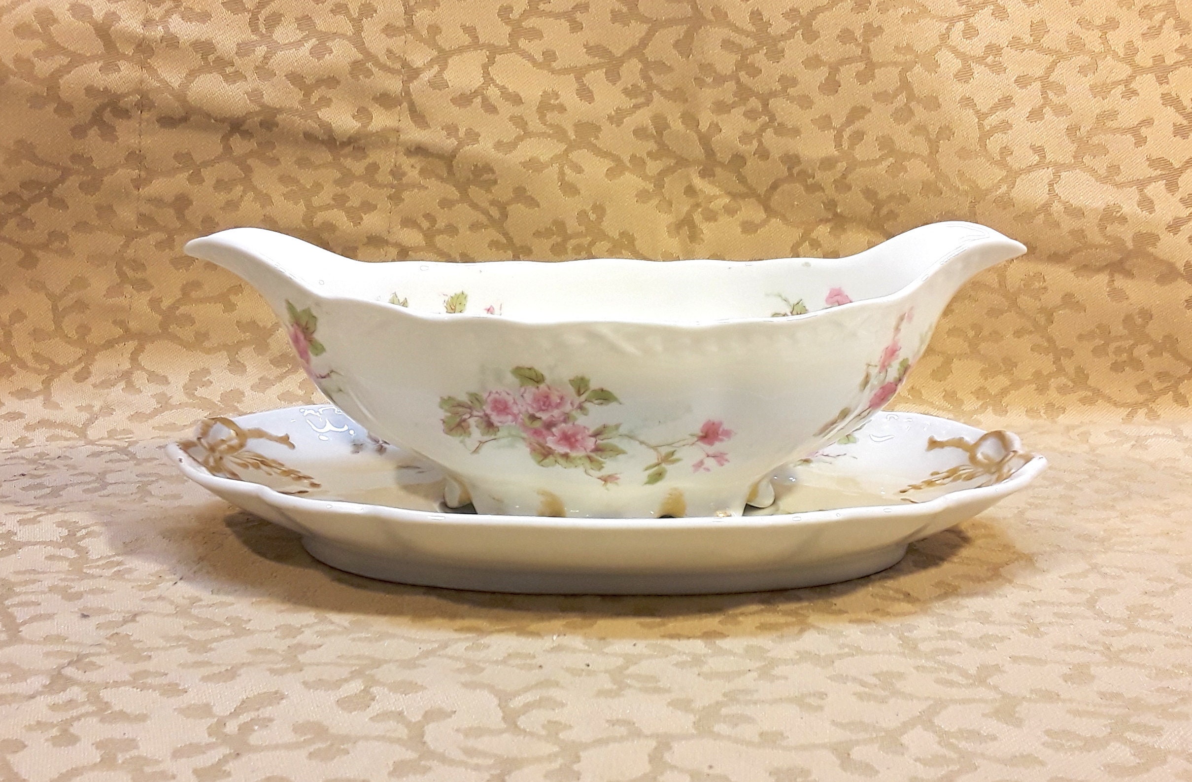 Antique GDA Limoges Gravy Boat and Underplate Set Pink Roses