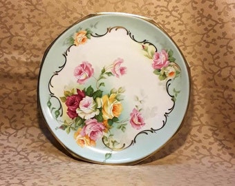 Antique MZ Austria Plate 8.75" Octagonal Hand Painted Porcelain Floral Pink Roses Shabby Cottage Chic