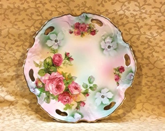 Antique Silesia German Cake Plate Pink Roses Victorian Shabby Cottage Chic