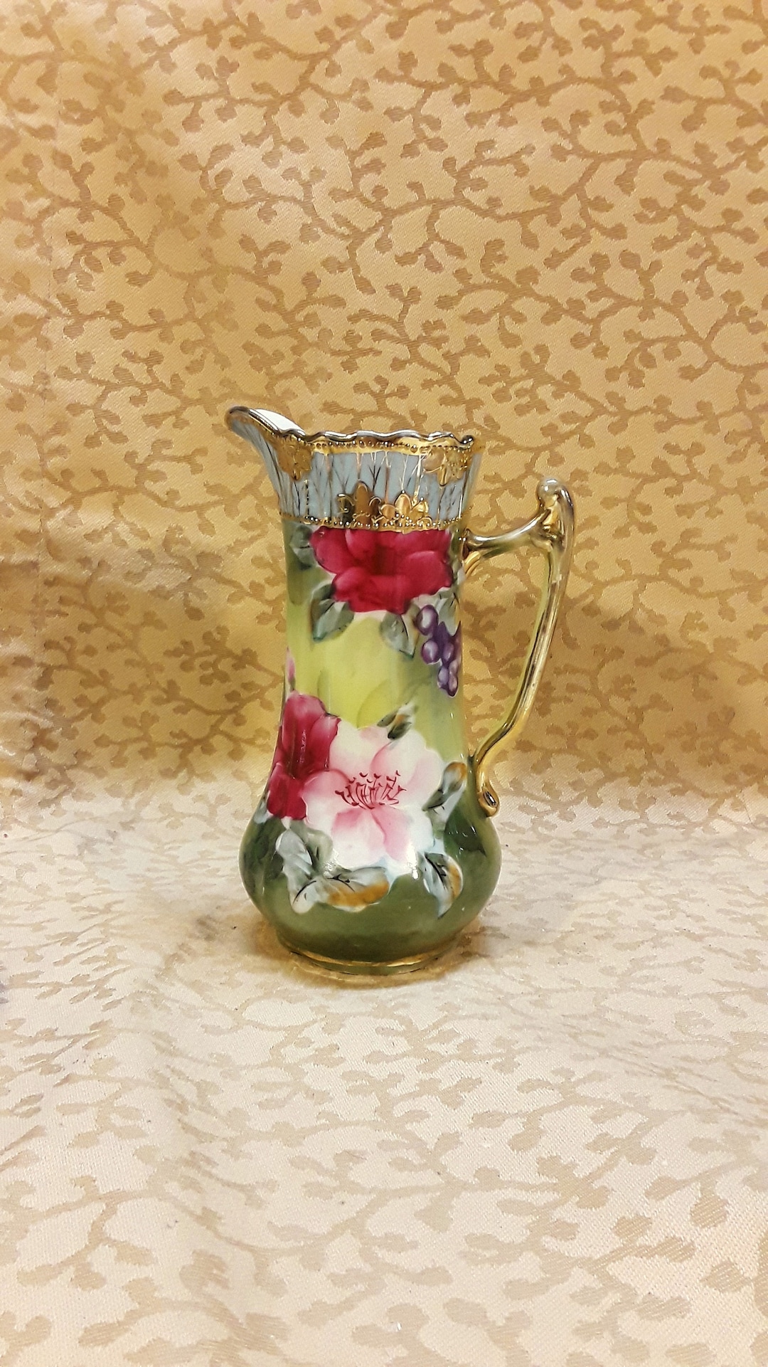 Antique Nippon Ewer Vase Jug Hand Painted Pink Roses Victorian Shabby ...
