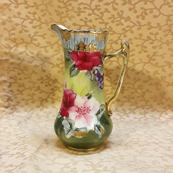 Antique Nippon Ewer Vase Jug Hand Painted Pink Roses Victorian Shabby Cottage Chic