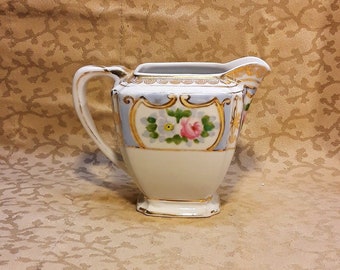 Antique Nippon Creamer Square Shape Hand Painted Pink Roses Blue Trim Porcelain Shabby Cottage Chic