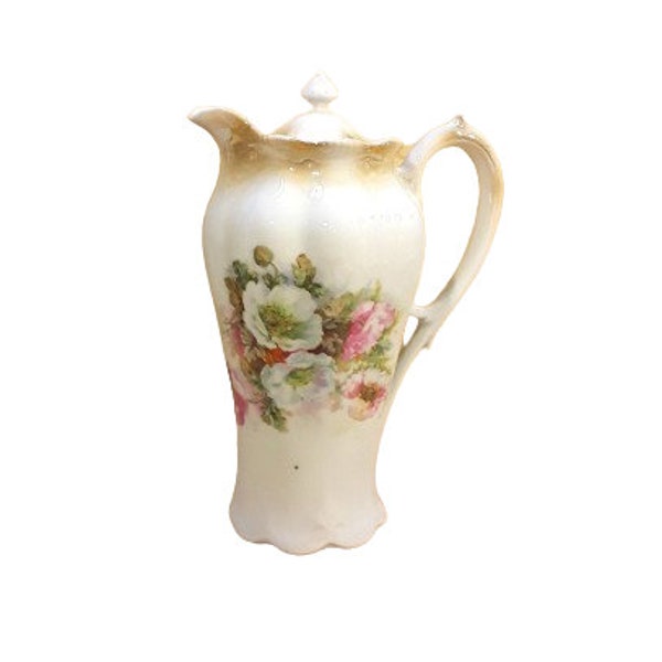 Chocolatera victoriana antigua de porcelana alemana con rosas rosas en estilo rústico shabby chic