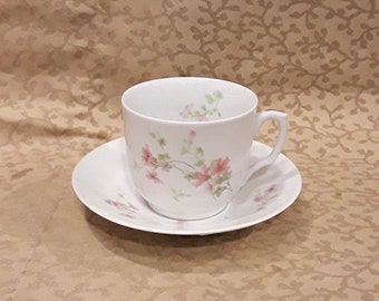 Antique Lanternier Limoges Single Tea Cup and Saucer Set Pink Flowers Porcelain Victorian Shabby Cottage Chic