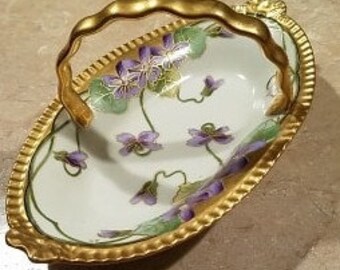 Antique Victorian Porcelain Basket Violets Hand Painted Art Nouveau Bonbon Candy Relish Dish Floral Shabby Cottage Chic