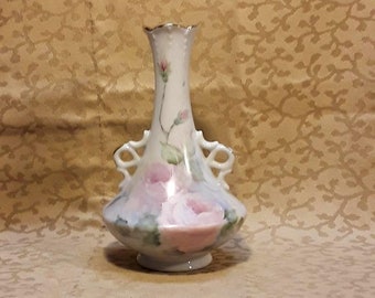 Antique Bud Vase Hand Painted Soft Pink Roses Signed McCaffrey Porcelain Floral Victorian Shabby Cottage Chic