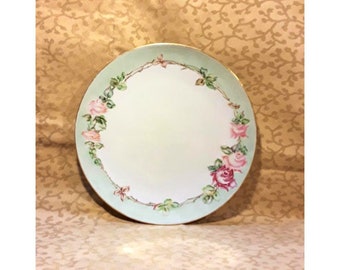 Antique JC Bavaria Plate 8.25" Hand Painted Pink Roses Pastel Green Border Porcelain Victorian Shabby Cottage Chic