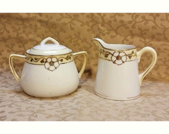 Antique Meito Nippon Demitasse Sugar Bowl and Creamer Set Hand Painted Gold Flowers Cream Band Shabby Cottage Chic