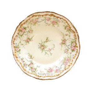 May include: A vintage porcelain plate with a delicate floral design. The plate features a cream-colored background with pink and blue flowers and gold trim.
