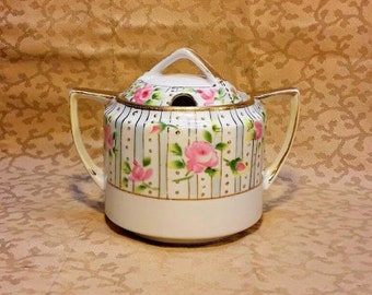 Antique Nippon Jam Pot Mustard Jar Condiment Hand Painted Pink Roses Porcelain Floral Shabby Cottage Chic