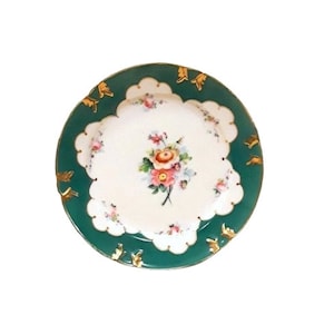 Antique Dresden Flowers Plate Hand Painted Green Border Porcelain Victorian Floral Shabby Cottage Chic