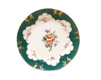 Antique Dresden Flowers Plate Hand Painted Green Border Porcelain Victorian Floral Shabby Cottage Chic