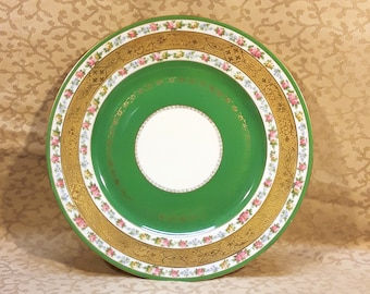 Antique Limoges 10" Dinner Plate Wide Green Band Gilding Tiny Pink Roses Victorian Shabby Cottage Chic