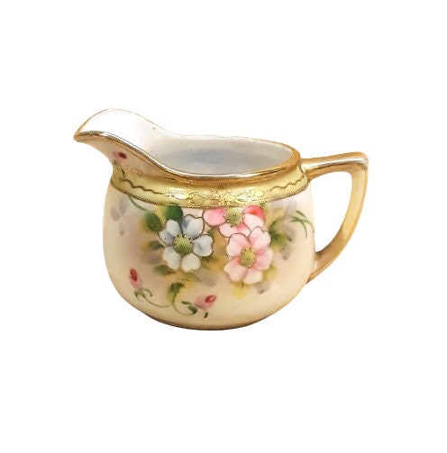 Antique Nippon Creamer Hand Painted Pink Blue Cherry Blossoms Tan Band Gold Rim