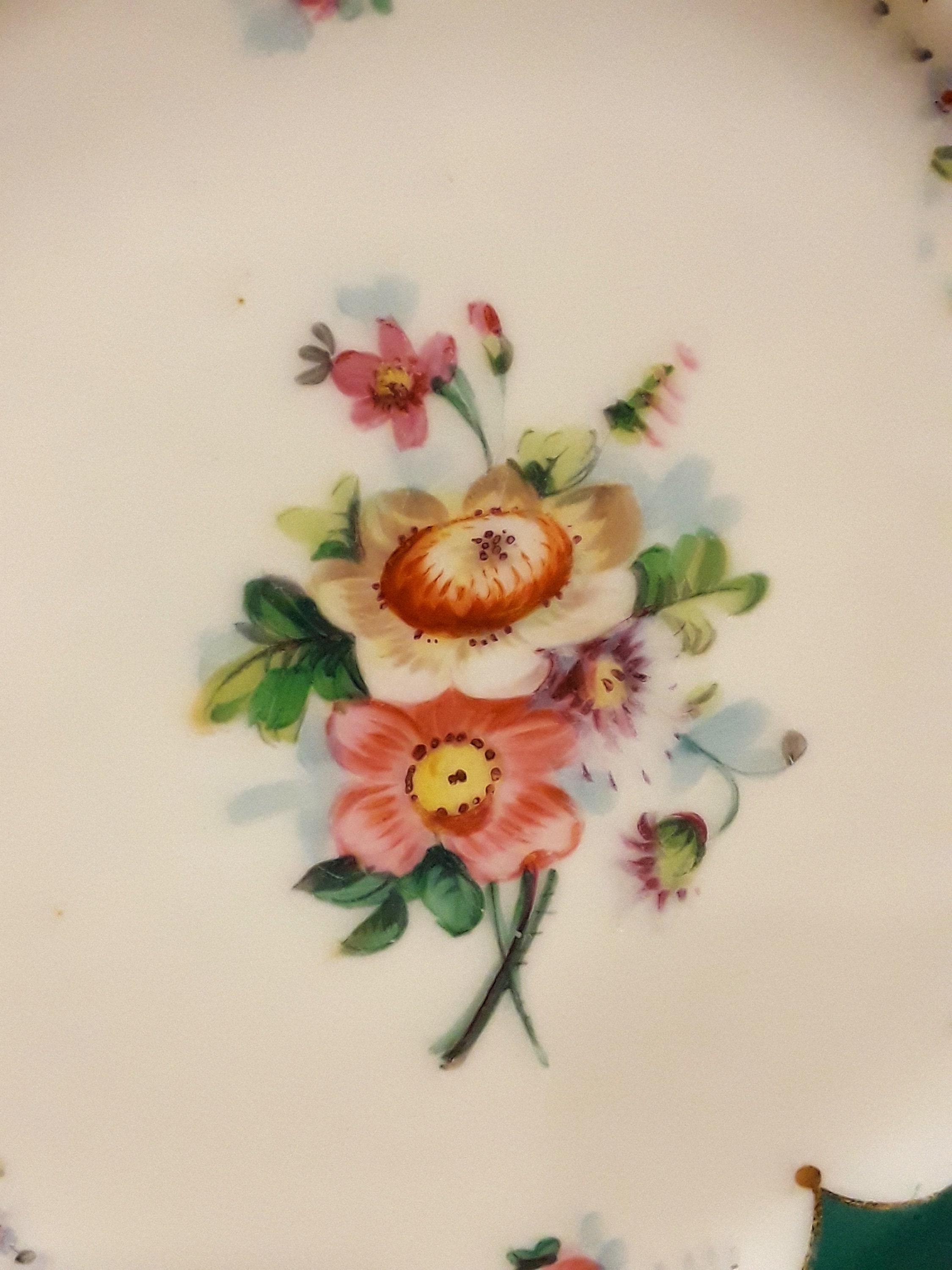 Antique Dresden Flowers Plate Hand Painted Green Border Porcelain