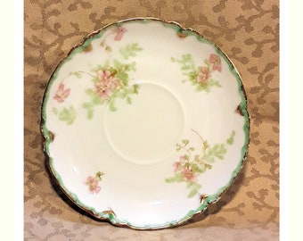 Antique Haviland Limoges Single Saucer Pink Flowers Green Edge Victorian Shabby Cottage Chic