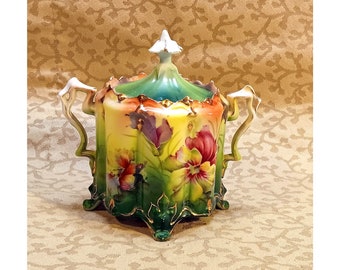 Antique RS Germany Sugar Bowl Porcelain Pansies Floral Steeple Mark Victorian Shabby Cottage Chic