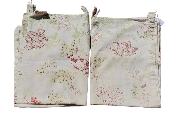 Vintage Waverly Tulip Fabric Custom Made Pair Tab Top Curtain Panel Set Cream and Red Floral Shabby Cottage