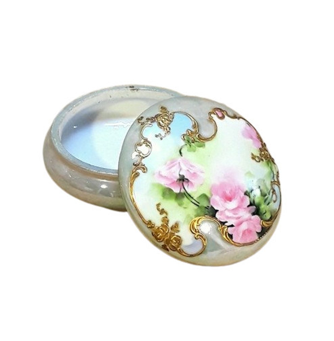 Antique Limoges Powder Jar Trinket Box Hand Painted Pink Roses