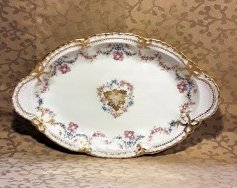 Antique Theodore Haviland Limoges Schleiger 597 A Double Gold Bows Relish Dish 9" Victorian Garlands Pink Roses Blue Bows Shabby Cottage