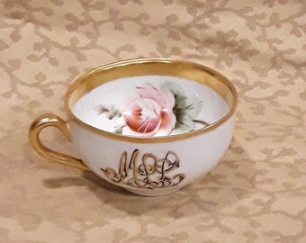 Antique Japanese Tea Cup Hand Painted Pink Rose Monogram Porcelain