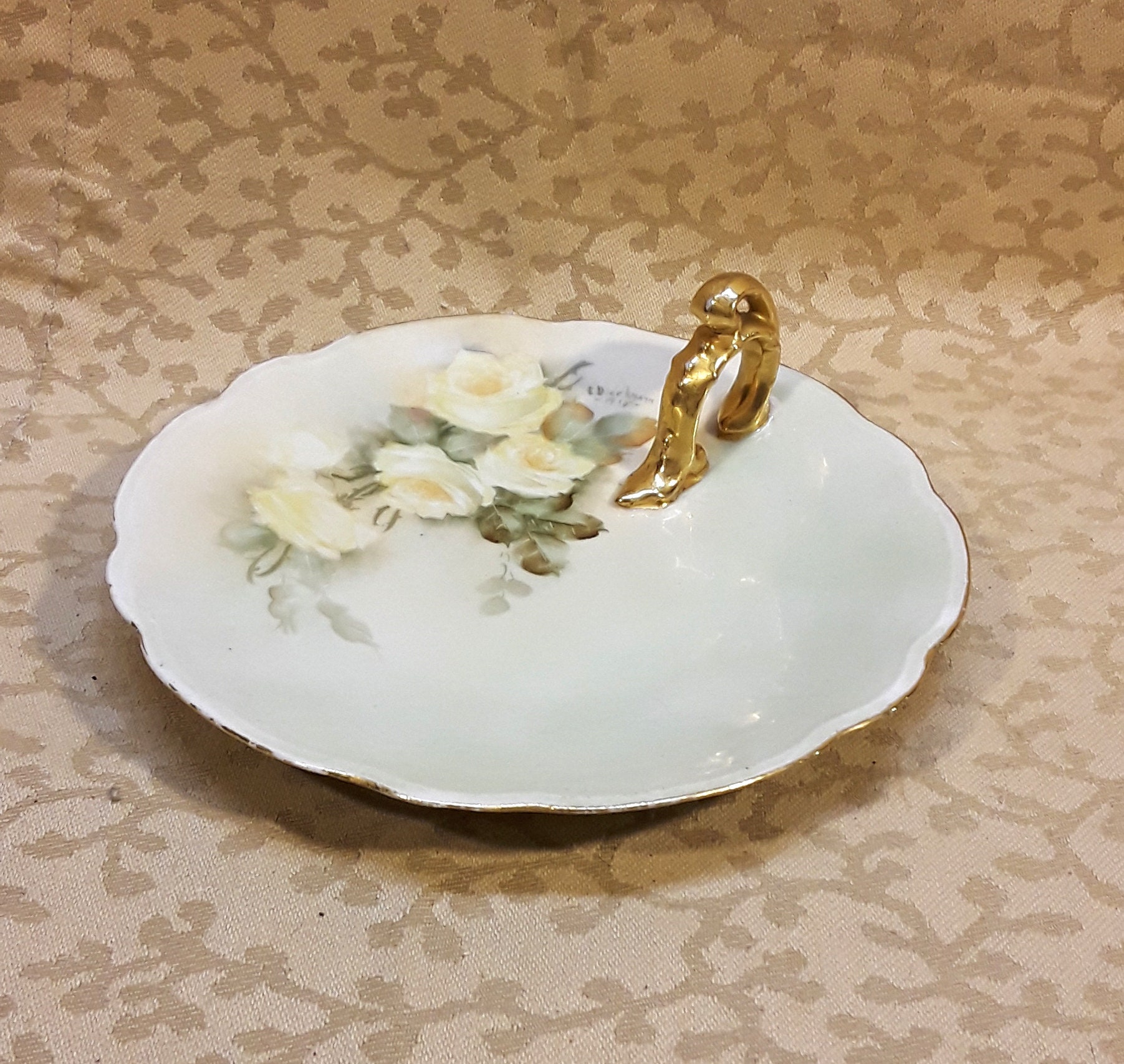 アンティーク MZ オーストリア 手描き磁器 レモントレイ皿 黄色いバラ