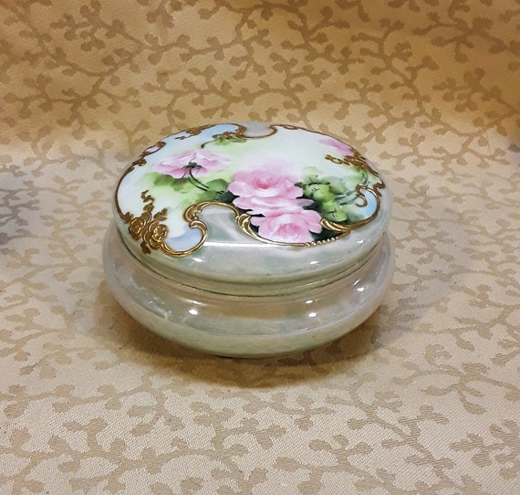 Antique Limoges Powder Jar Trinket Box Hand Painted Pink Roses