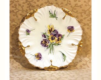 Antique Limoges Plate 6.5" BESS Hand Painted Purple and Yellow Pansies Victorian Shabby Cottage Chic