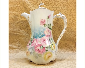 Vintage Chocolate Pot Hand Painted Pink Roses Signed Davidson 1972 Shabby Victorian Cottage Chic