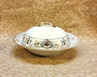 Antique Noritake Butter Dome Christmas Ball Xmas Pattern 175 Pancake Server Crepe Warmer Nippon Shabby Cottage Chic