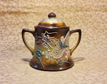 Antique Dragonware Sugar Bowl 1920s Orange Brown Moriage Dragon Blue Eyes Japanese Shabby Cottage Chic