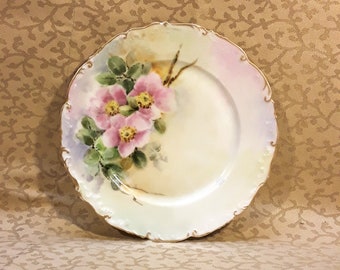 Antique T&V Limoges Plate 7.5" Hand Painted Pink Roses LEW 1905 Victorian Shabby Cottage Chic