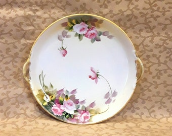 Antique Nippon Small Cake Plate Hand Painted Shabby Pink Roses Cottage Chic