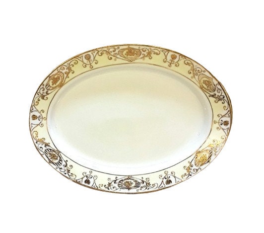 Antique Noritake Oval Serving Platter 11.75" Nippon Xmas Christmas Ball Pattern 175 Blue Maruki Spoke Mark
