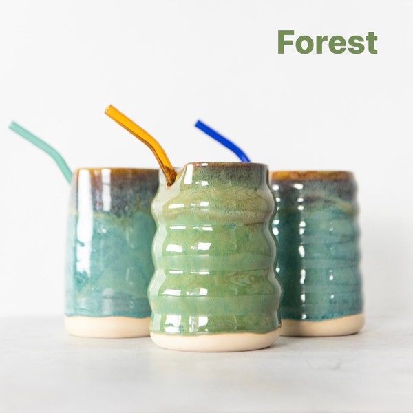 Colourful Straw Tumbler: Colorful Iced Coffee Cup, Handmade Ceramic Glass, Milkshake Cup with Straw, Gift for Coffee Lover