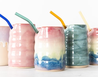Handmade ceramic straw cup, iced coffee cup, colourful tumbler, cocktail glass, Aurora borealis northern lights, rainbow