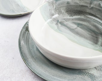 Handmade ceramic pasta bowls | dinner bowls | dining set | mountain design | grey & sage | neutral