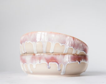 Handmade ceramic pasta bowls | dinner bowls | dining set | pink & white