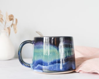 Handmade ceramic northern lights mug / Christmas gift / colourful mug / pottery / stoneware / Landscape / Aurora borealis