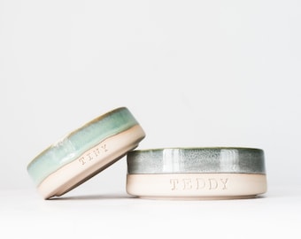 May include: Two ceramic pet bowls with a light green glaze and a white rim. The bowls are personalized with the names "Tiny" and "Teddy".