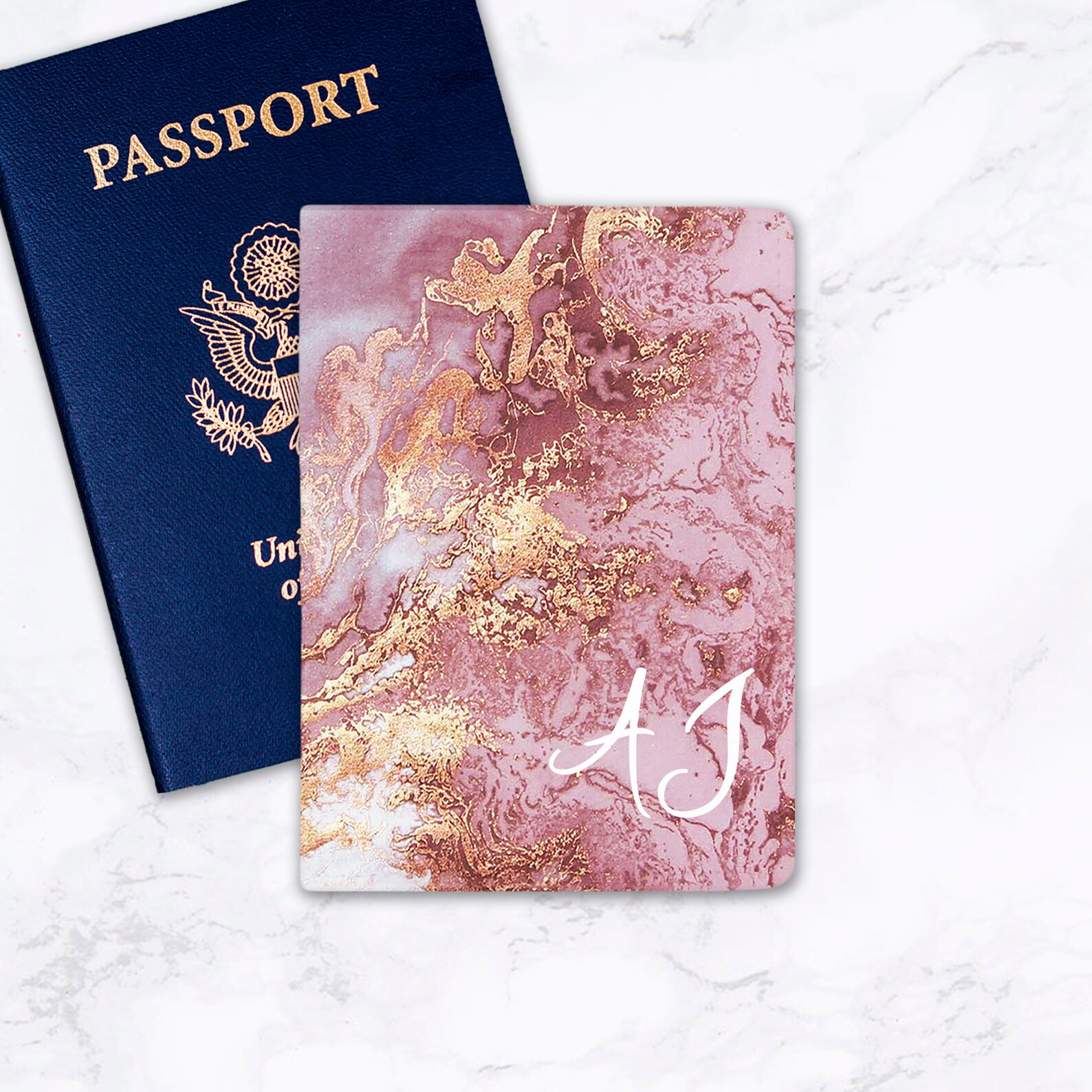 Custom Name Passport Holder Rose gold marble Leather Passport Etsy
