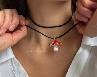 Miniature Toadstool Necklace Polymer Clay Red Mushroom Pendant