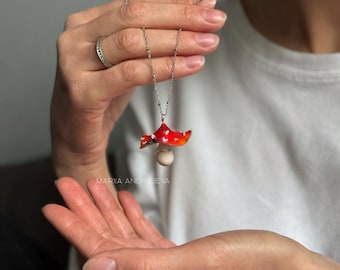 Miniature Toadstool Necklace Polymer Clay Red Mushroom Pendant