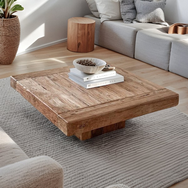 Rustic Wooden Coffee Table for Living Room, Handmade Mid Century Live Edge Table Brown Farmhouse Unique Solid Modern Side Tables