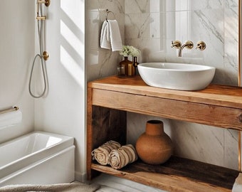 Tocador rústico de baño, tocador de baño sólido de madera recuperada, decoración de madera rústica de granja de borde vivo, mesa de madera de encimera