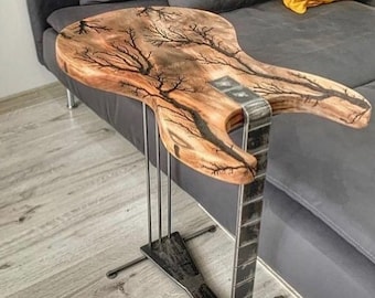 Coffee/Side/End/Guitar Table Wood Raund/Fractal burnt Live Edge Rustic Unique River custom reclaimed luxury Wooden slab nightstand/bed table