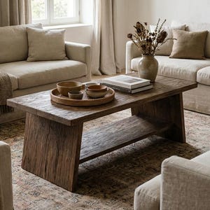 May include: A living room scene featuring neutral-toned furniture. Two sofas and two armchairs surround a rustic wooden coffee table. Decorative blankets and pillows add texture. A vase of dried flowers sits on the table, along with books and bowls.