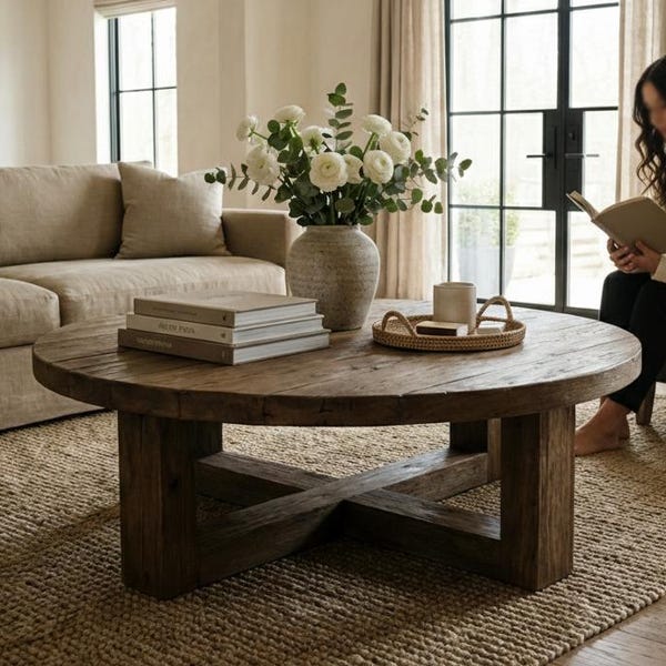 Rustic Round Coffee Table for Living Room, Handmade Chestnut Wood Living Room Furniture, Farmhouse Unique Design, Japandi Coffee Table